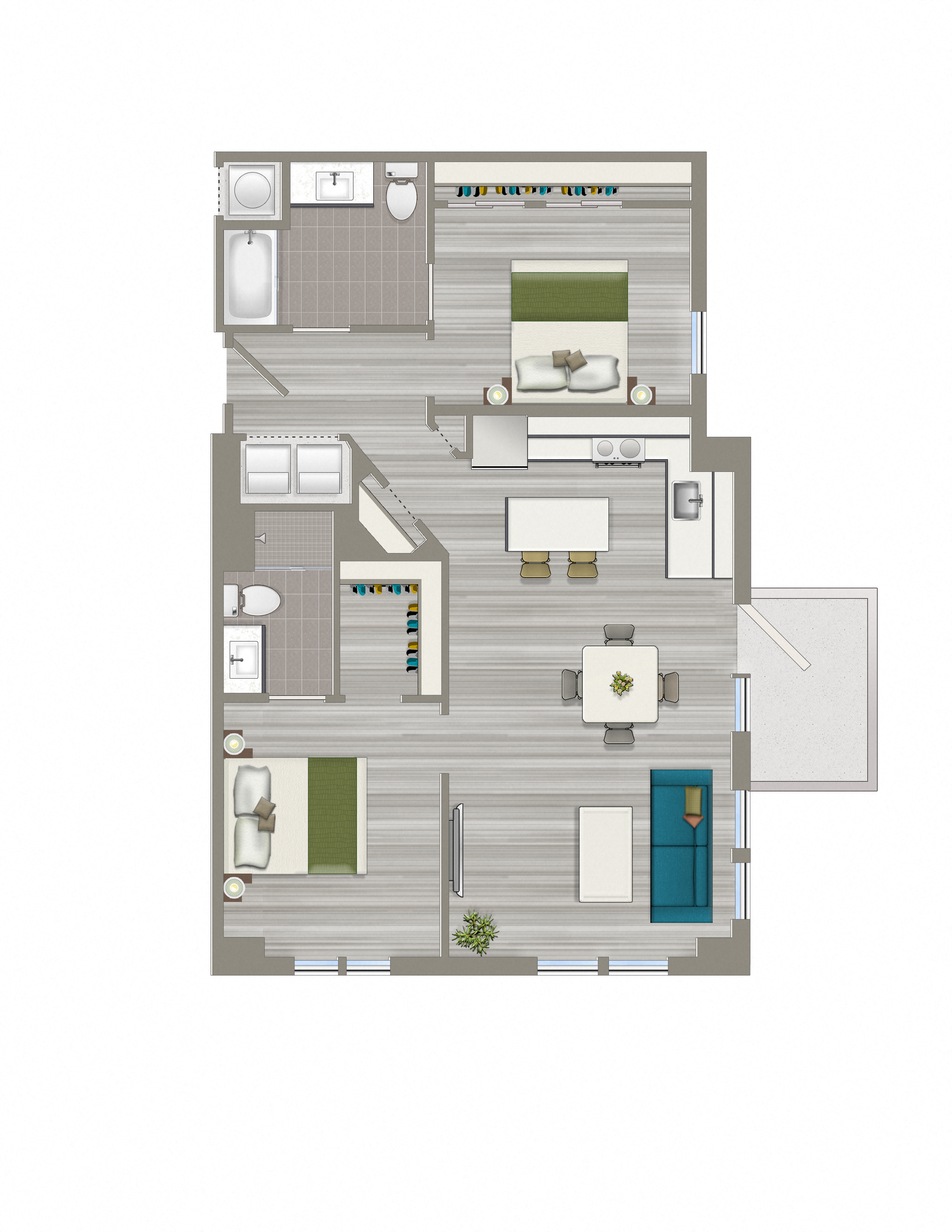 Floor plan for 2 beds, 2 baths, 1050 sqft